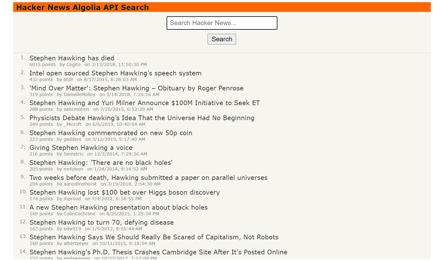 The Hacker News Algolia API search page